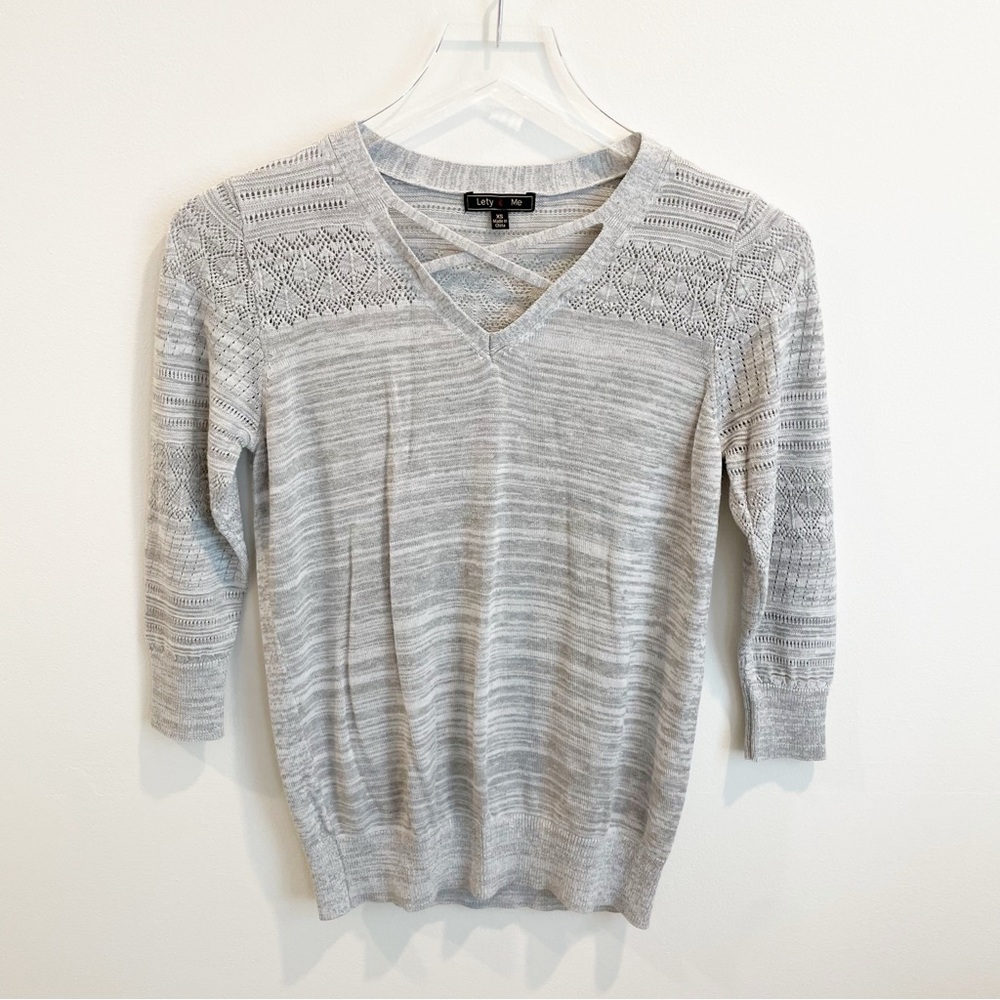 Lety & Me Gray Crossover V Neck Quarter Sleeve Sweater Top